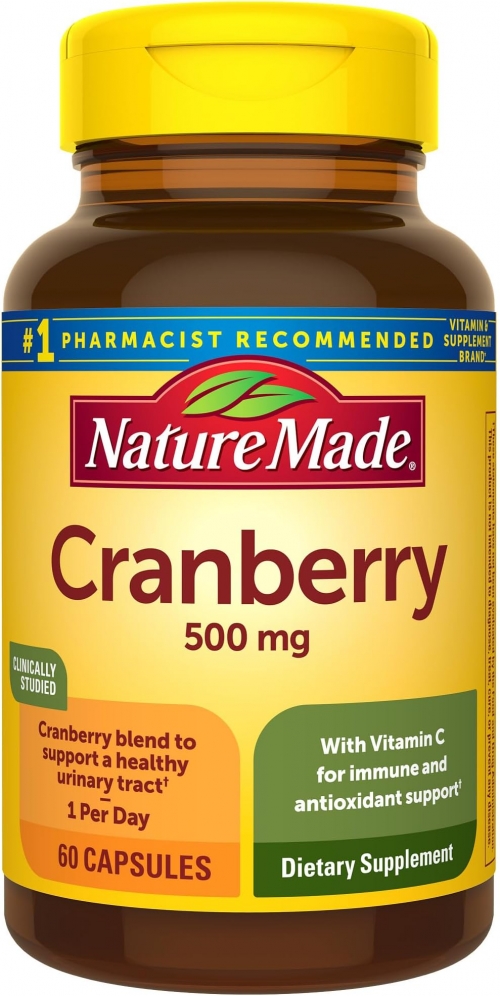 Cranberry Supplement 500mg contains Vitamin C for immune support and antioxidants, Cranberry Blend for urinary tract health, 60 capsules, once daily.