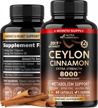 Ceylon Cinnamon Capsules - 8000mg, Extra Strength - Energy, Heart & Metabolic Support - For Men & Women - Pure Natural Extracts 20:1 Supplement - 60 Vegetarian Pills, 2 Months Supply