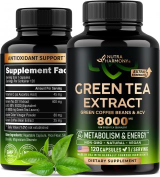 Green Tea Extract Capsules 8000mg - Contains Green Coffee Bean and Apple Cider Vinegar - Energy and Metabolic Support - Green Tea Supplement - For Men and Women - 120 C Capsules